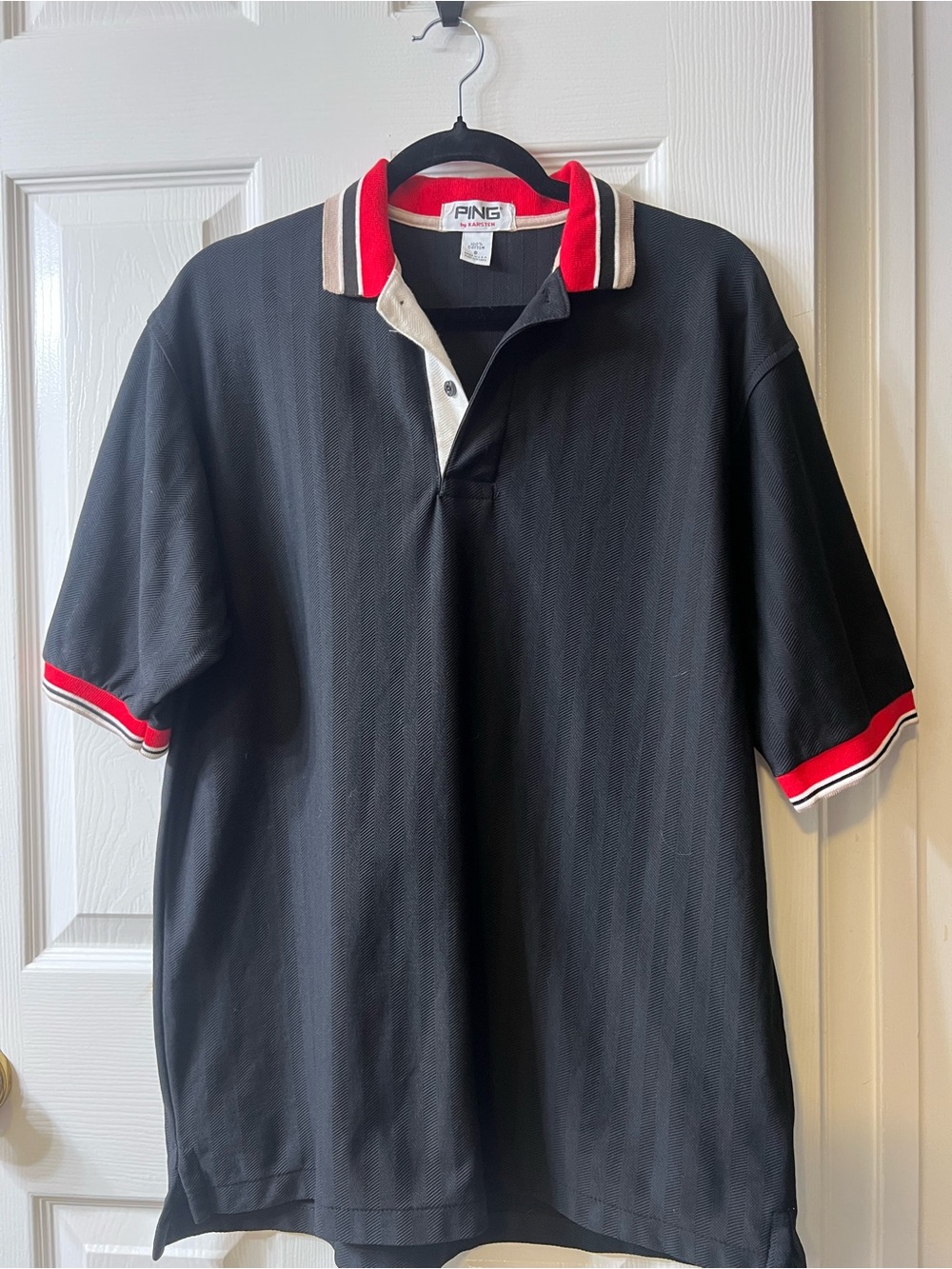 Vintage : Ping Black Polo with Red and White and Tan Trim